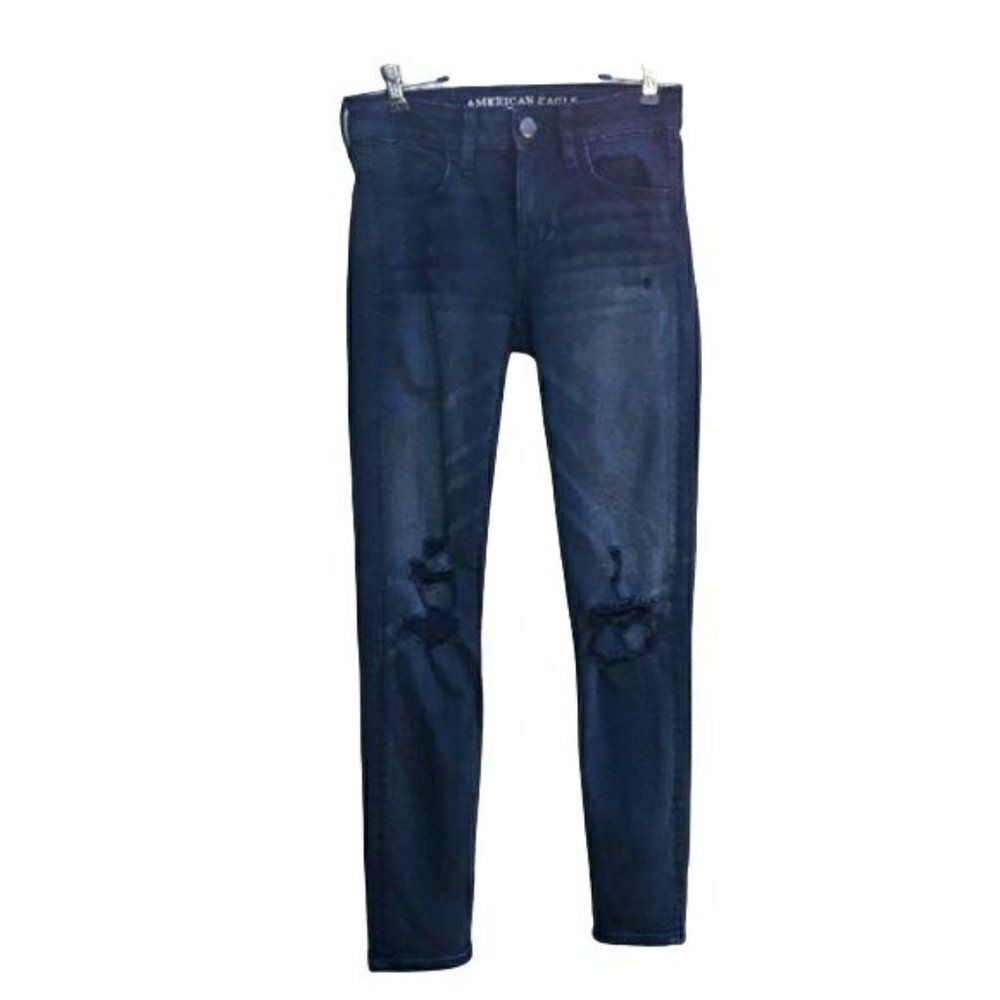 AEO Jeggings Super Stretch Distressed Knees Low Rise‎ Skinny Black  Sz 0 Short